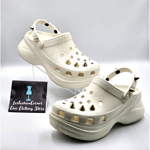 Crocs Women's White Off Bae Glitter Stud Platform Clogs Gold Spikes Sz 9  2360 - Picture 6 of 16